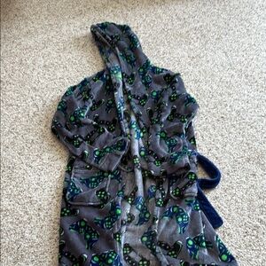 Cozy Gray Hooded Robe with Green and Blue Pattern Cuddldud L 12/14